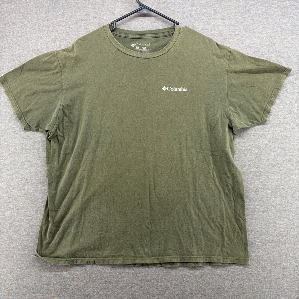 Columbia Mens XL Olive Green Graphic T-Shirt Greater Outdoor‎ Gear Mountain Logo